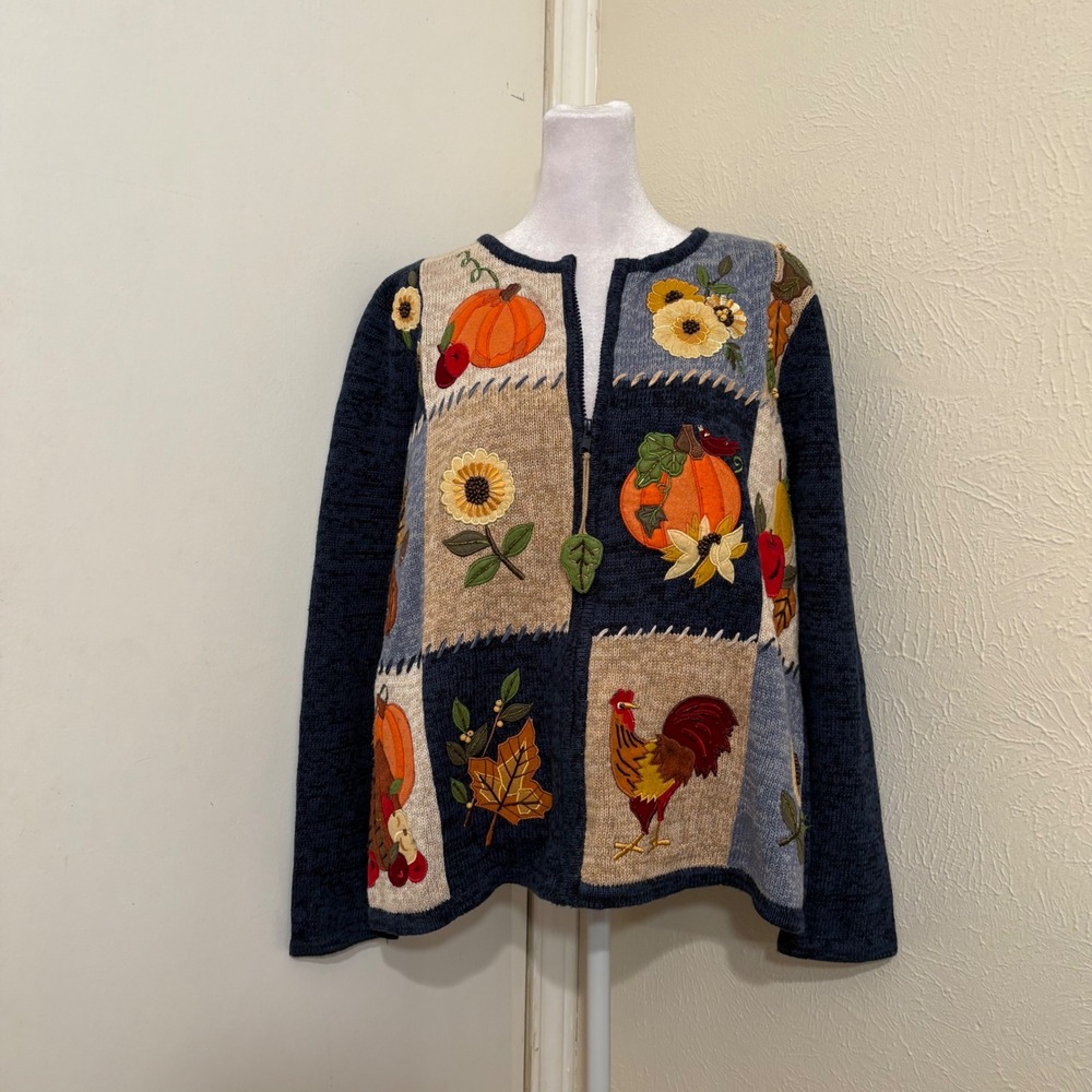 Tiara Fall Harvest Halloween Pumpkin Patchwork Zip Up Cardigan Sweater L